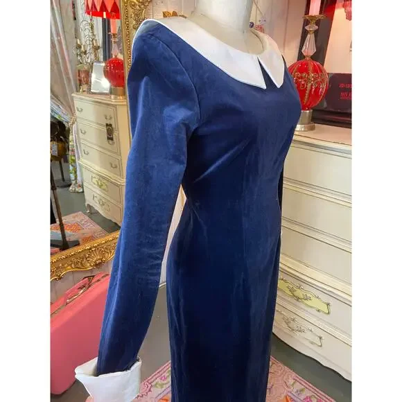 vintage 1980s blue velveteen gown reverse collar french cuffs 80s fashion velvet - Picture 5 of 10